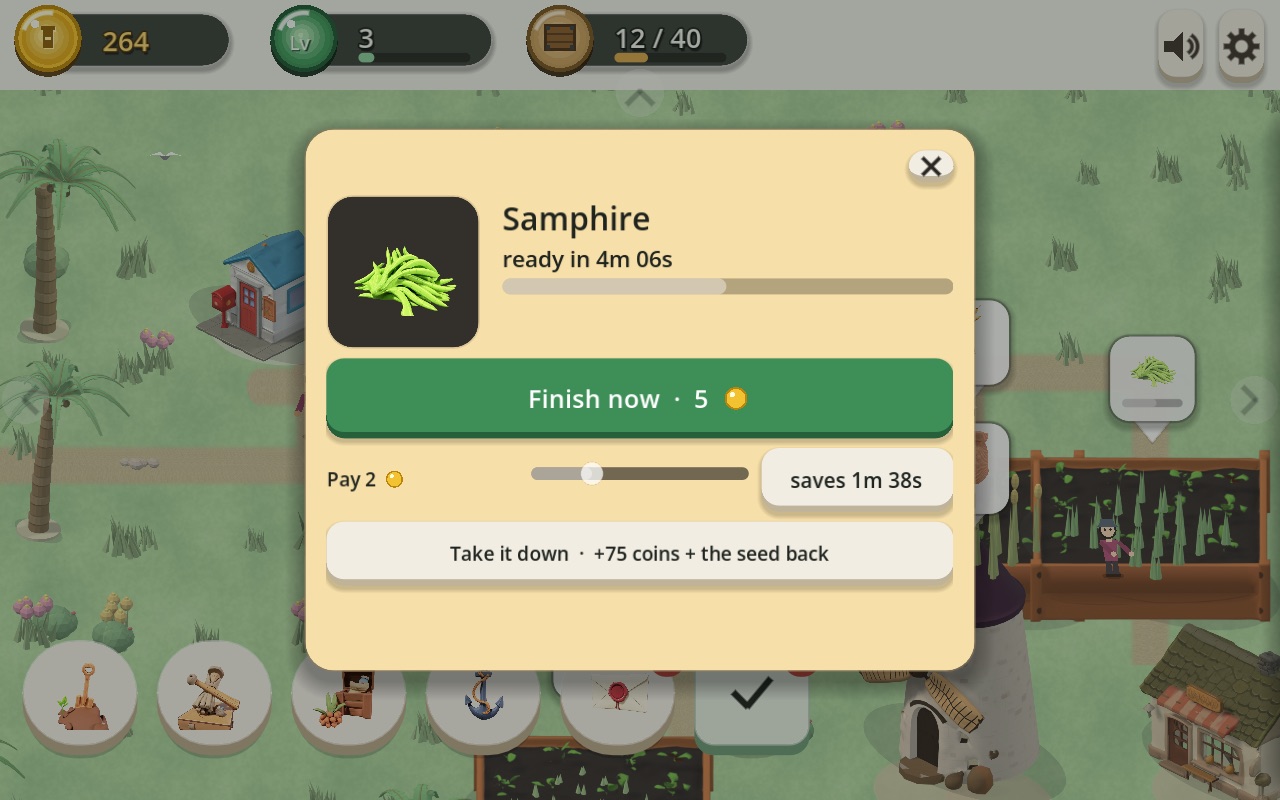 A growing crop's card, offering to finish it now for six coins or to pay part of that